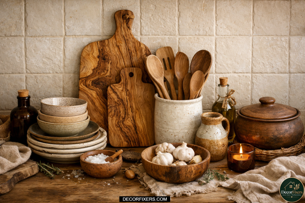 Wooden serving boards and utensils styled as functional boho kitchen decor
