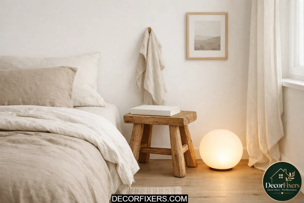 Scandinavian bedroom using a wooden stool as a simple bedside table.