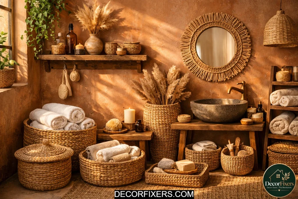 Seagrass woven baskets used for towel and bathroom storage in a warm boho space