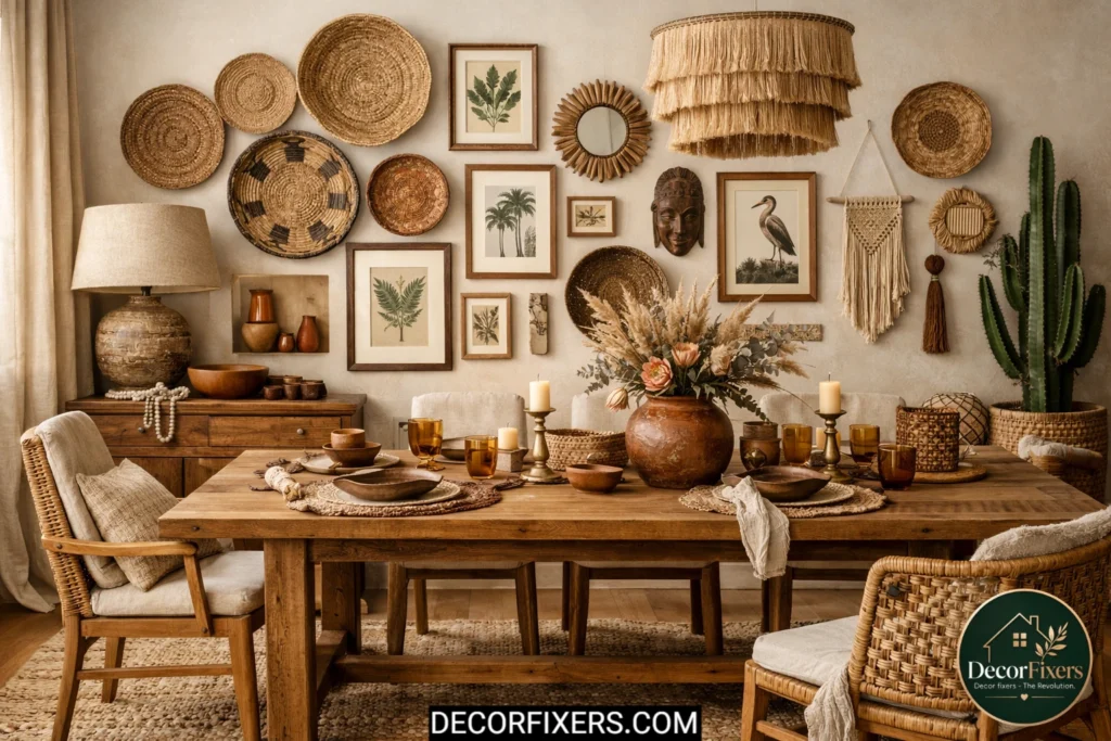 Boho dining room gallery wall with woven baskets and artwork