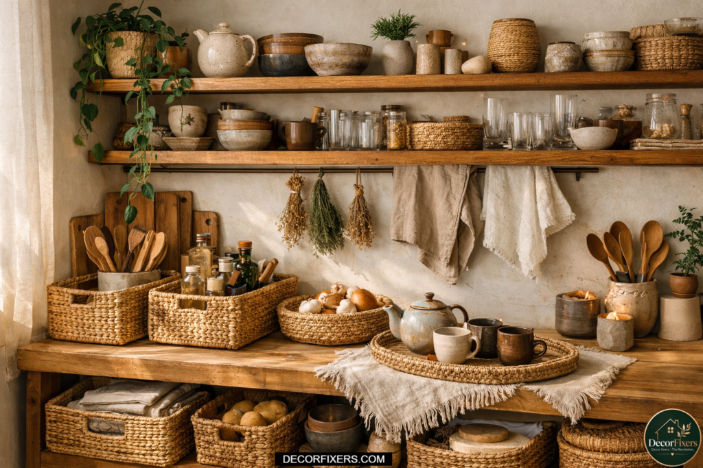 Woven storage baskets organizing countertops and shelves inside a bohemian kitchen