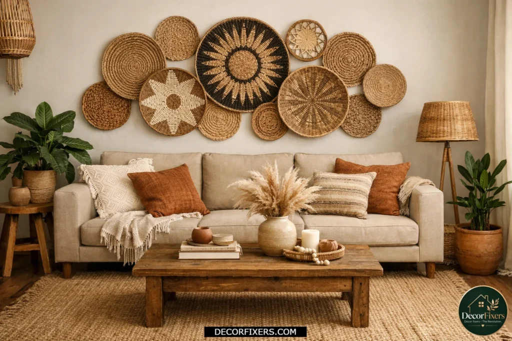 Woven baskets arranged as wall decor in a cozy boho living room