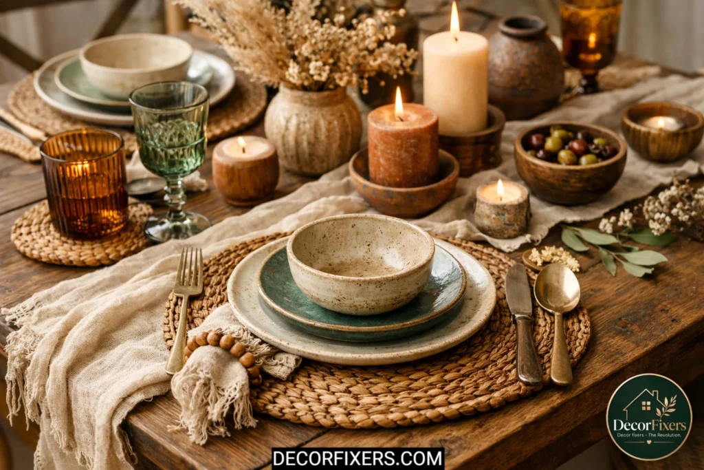 Boho dining table with woven placemats and mixed ceramic dishes
