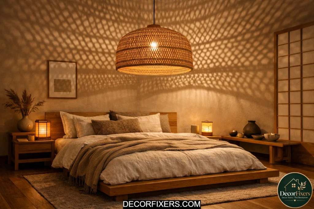 Japandi bedroom with woven rattan pendant casting warm patterned light