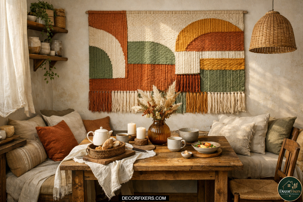 Large woven textile wall art adding warmth and texture to a boho kitchen wall