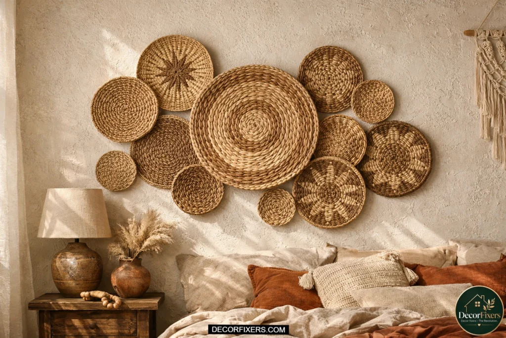 Bohemian bedroom wall styled with woven seagrass baskets in different shapes and sizes creating textured sculptural wall decor in soft natural light.