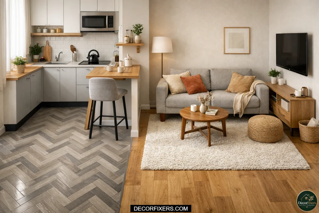 Herringbone flooring zoning a compact open-plan kitchen