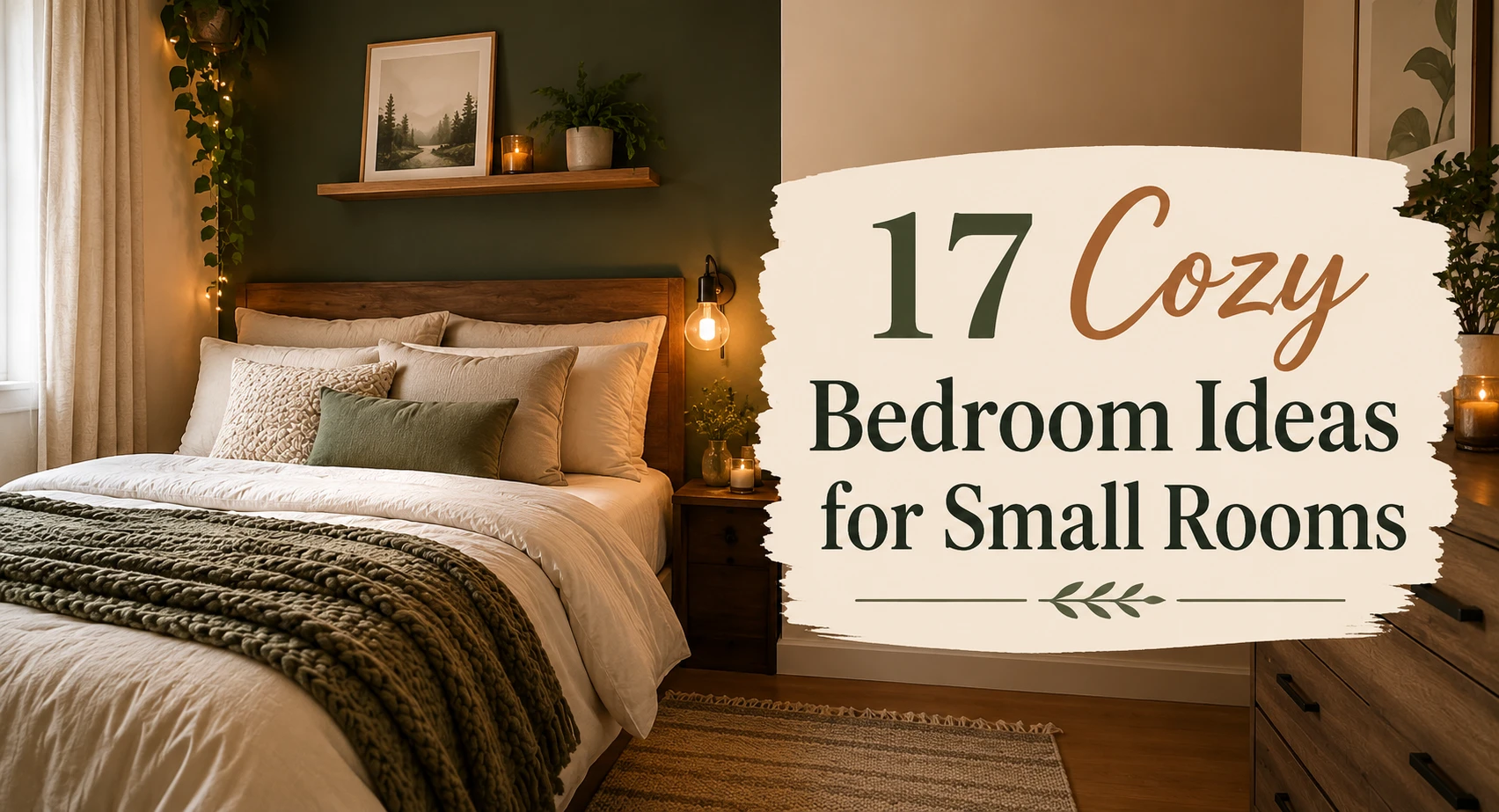 Featured image showing a warm and cozy small bedroom with layered bedding, soft lighting, natural textures, and the text "17 Cozy Bedroom Ideas for Small Rooms".