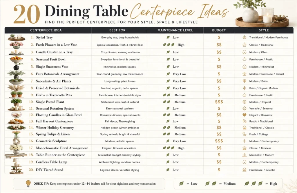Comparison table infographic showing 20 dining table centerpiece ideas by budget, style, and maintenance level