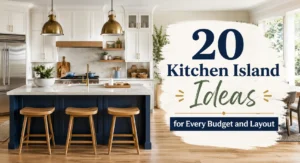 Modern kitchen with a large blue island, wooden stools, pendant lights, and promotional text reading "20 Kitchen Island Ideas for Every Budget and Layout".