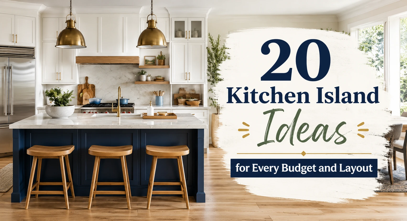 Modern kitchen with a large blue island, wooden stools, pendant lights, and promotional text reading "20 Kitchen Island Ideas for Every Budget and Layout".