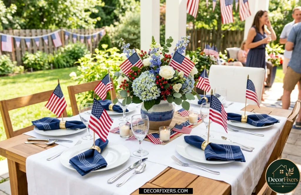 Small American flags placed at each dining table setting for a festive holiday meal