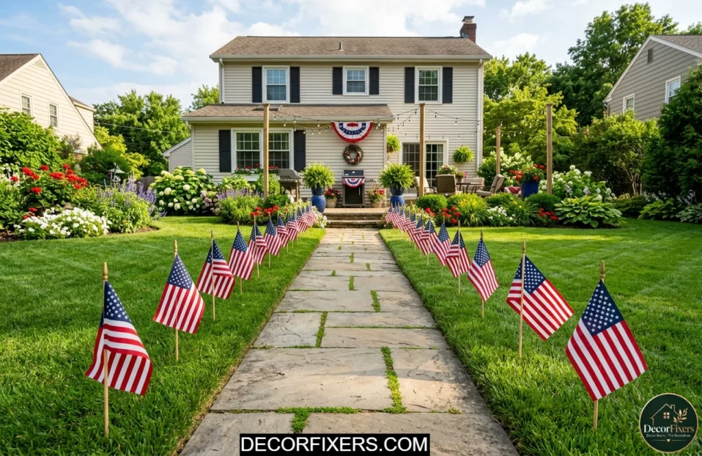 Small American flag stakes lining a garden walkway to create patriotic 4th of July curb appeal.