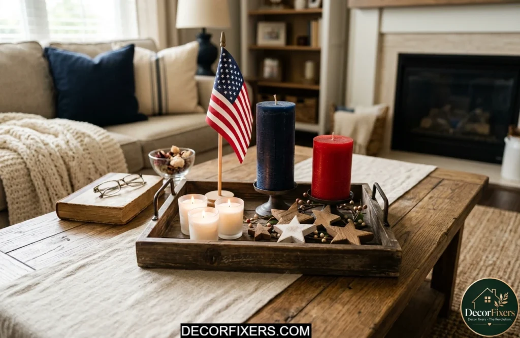 Americana candle tray vignette styled for the 4th of July