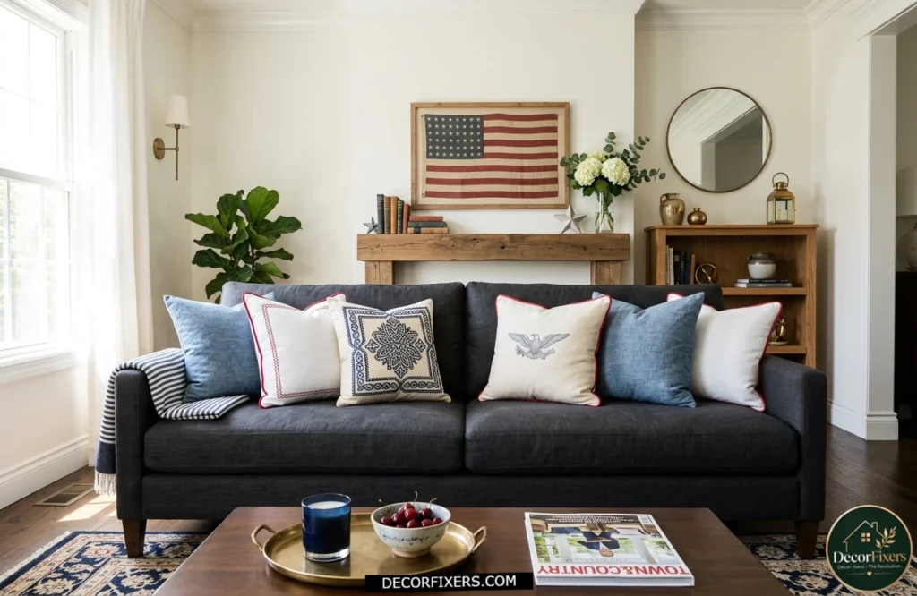 4th of July Americana cushion covers styled on a dark sofa.