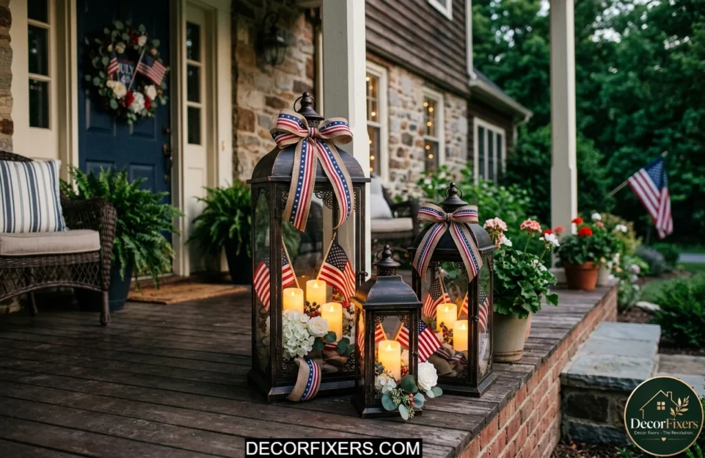 Americana lantern cluster with patriotic decorations and LED candles