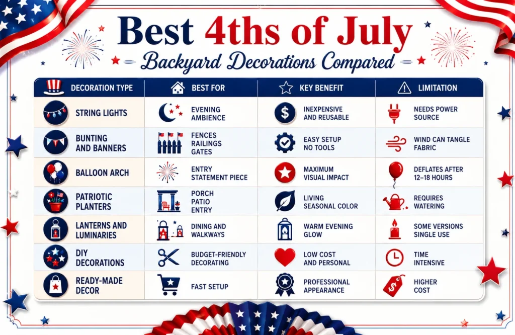 Comparison table showing the best 4th of July backyard decoration types with benefits limitations costs and ideal uses.