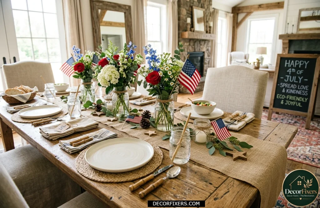 Eco-friendly bamboo flatware styled on a rustic 4th of July dining room tablescape