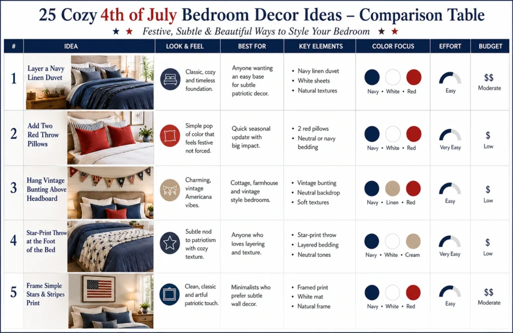 4th of July bedroom decor ideas comparison table showing cozy patriotic decorating options, styling tips, budget levels, and room inspiration