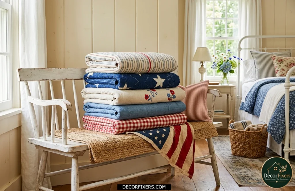4th of July bedroom featuring stacked blue and white quilts