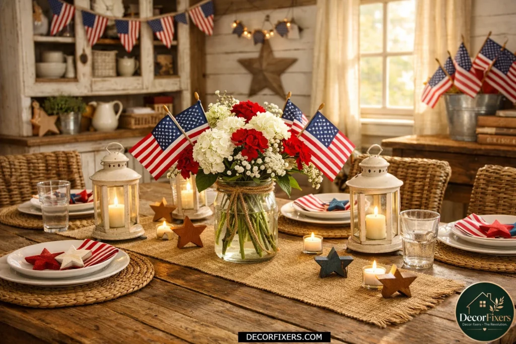 Rustic burlap table runner paired with mason jar flowers and patriotic dining room decor