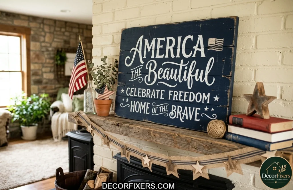 Chalk painted patriotic wood sign displayed on a mantel