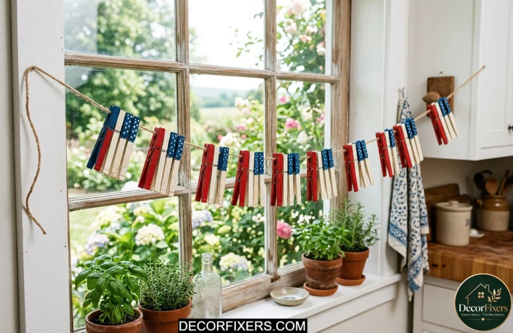 Patriotic clothespin garland arranged in an American flag design