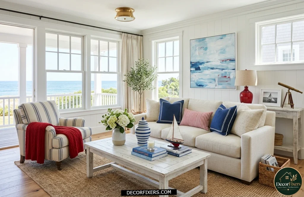 4th of July coastal Americana living room featuring navy, cream, and red accents.