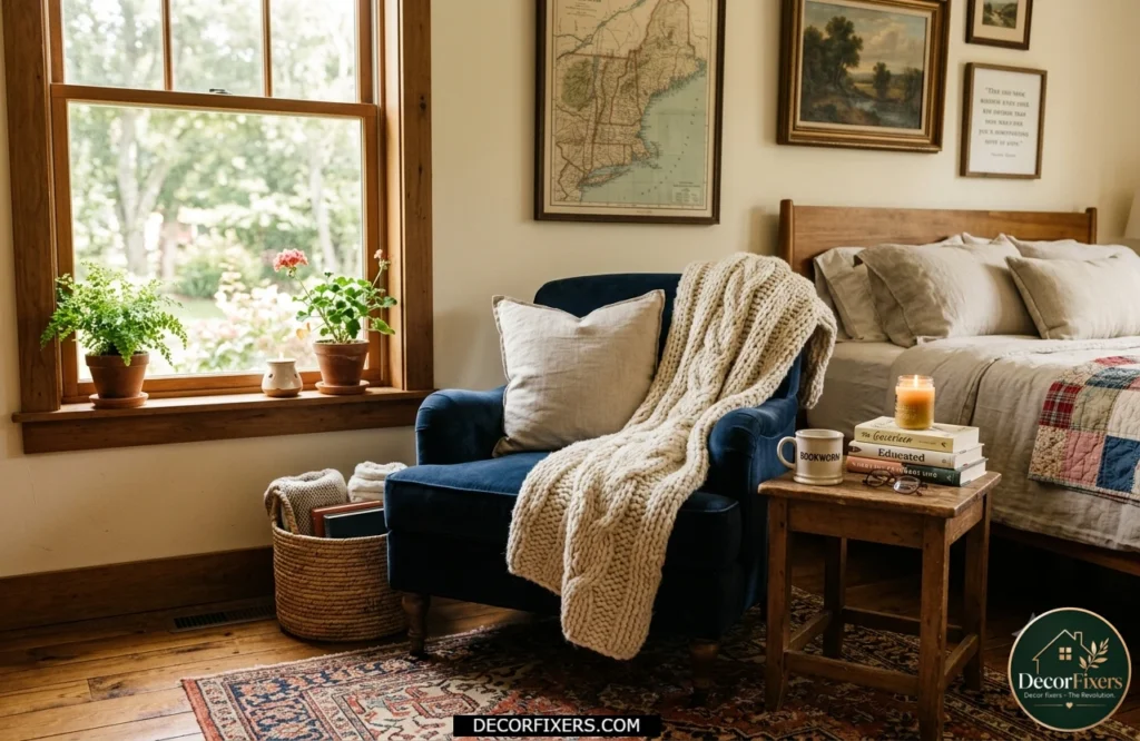 4th of July bedroom chair decorated with a cream knit throw