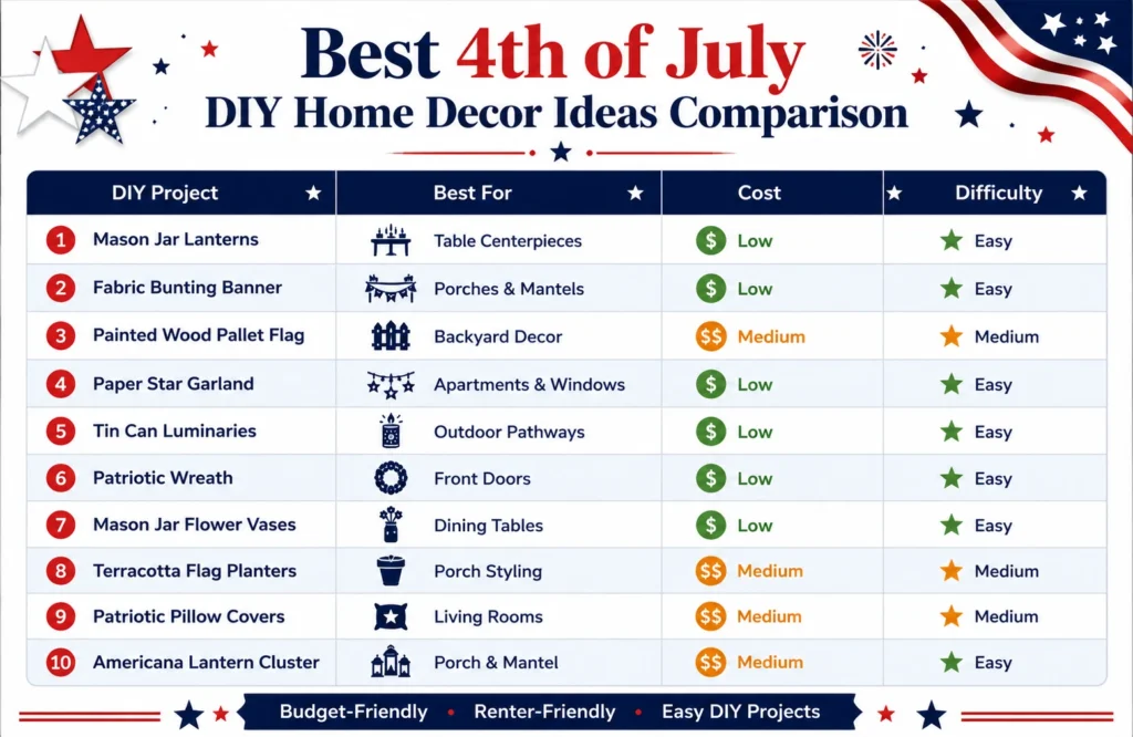Comparison table of the best 4th of July DIY home decor ideas showing cost, difficulty and best use cases