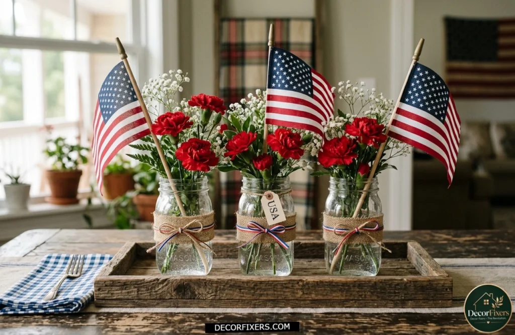 4th of July DIY mason jar centerpiece with American flags and fresh flowers.