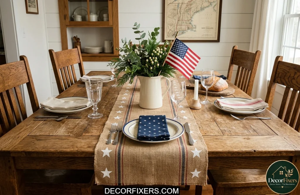 Burlap patriotic table runner with painted star accents