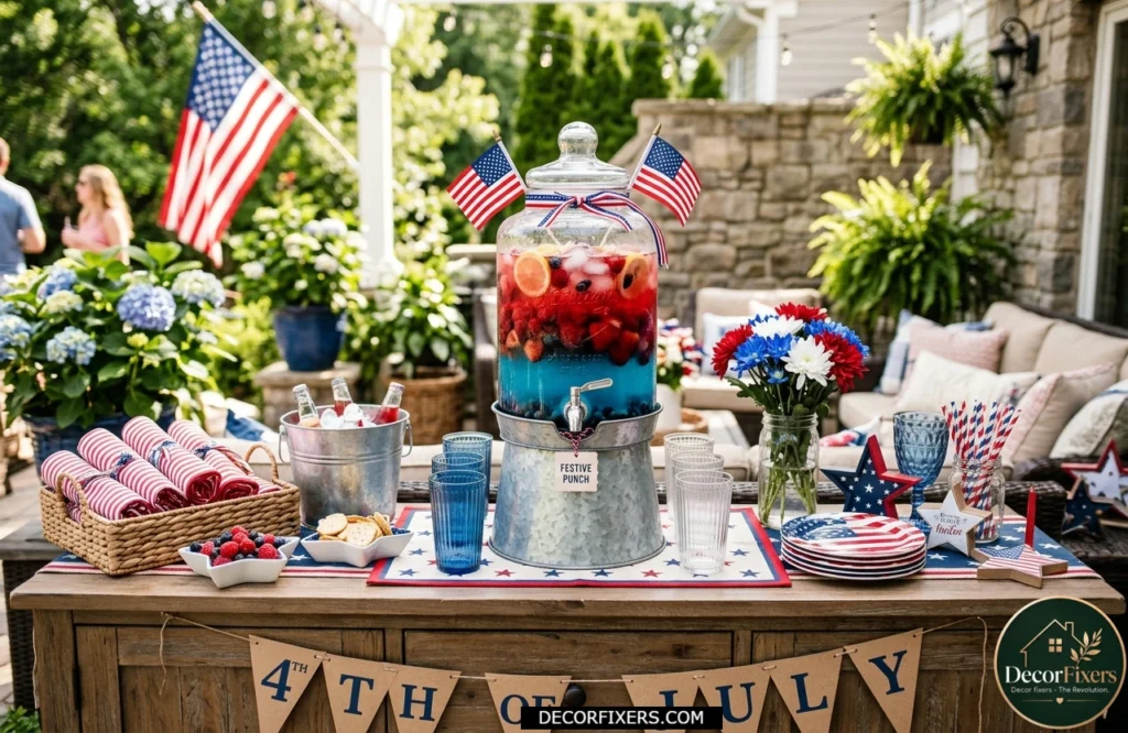 Vintage-style drink dispenser filled with colorful beverages on a holiday sideboard