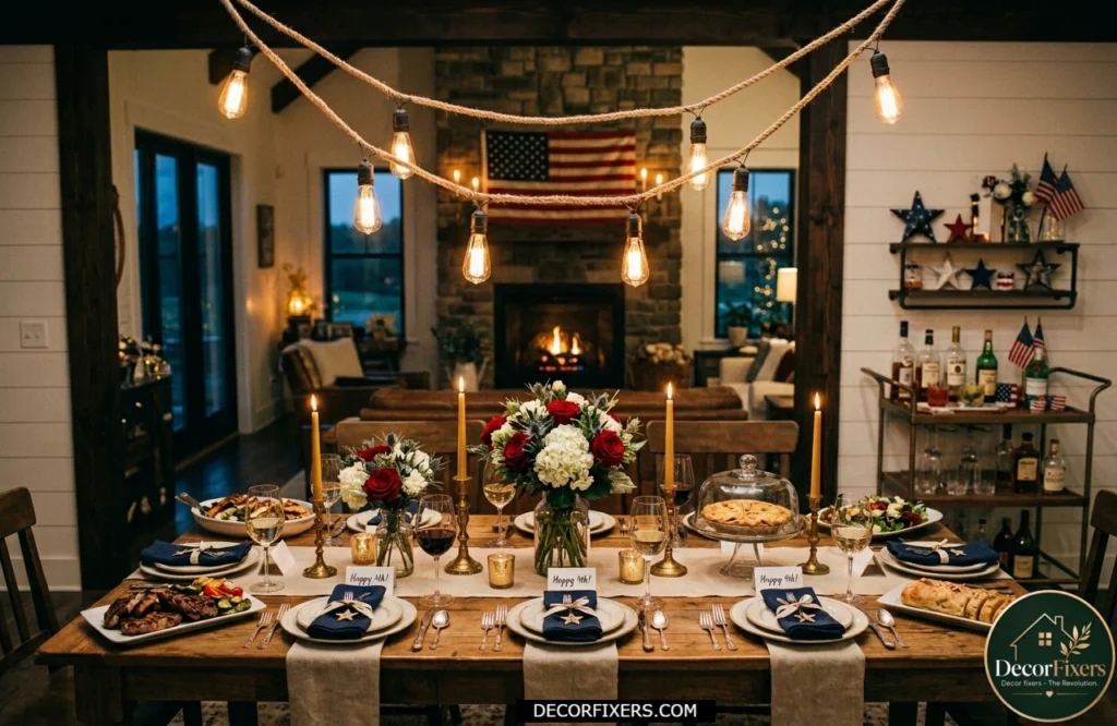 Warm Edison string lights hanging above a patriotic dining table at sunset