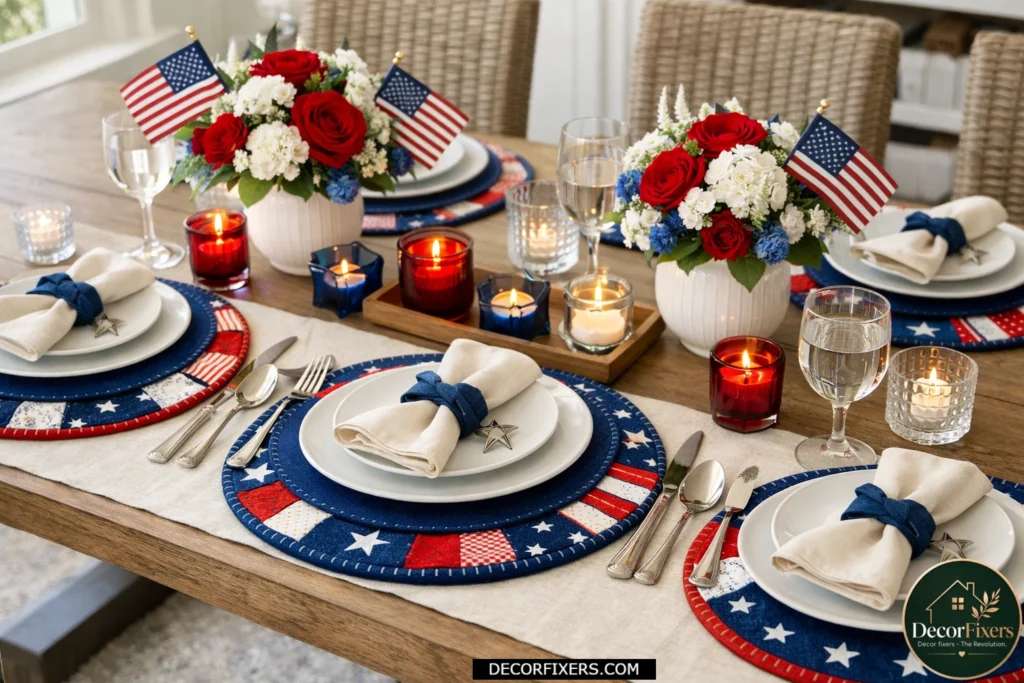 DIY patriotic fabric chargers layered beneath white dinner plates on a festive holiday table