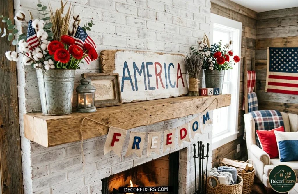 4th of July farmhouse Americana mantel decorated with galvanized metal and wood elements.
