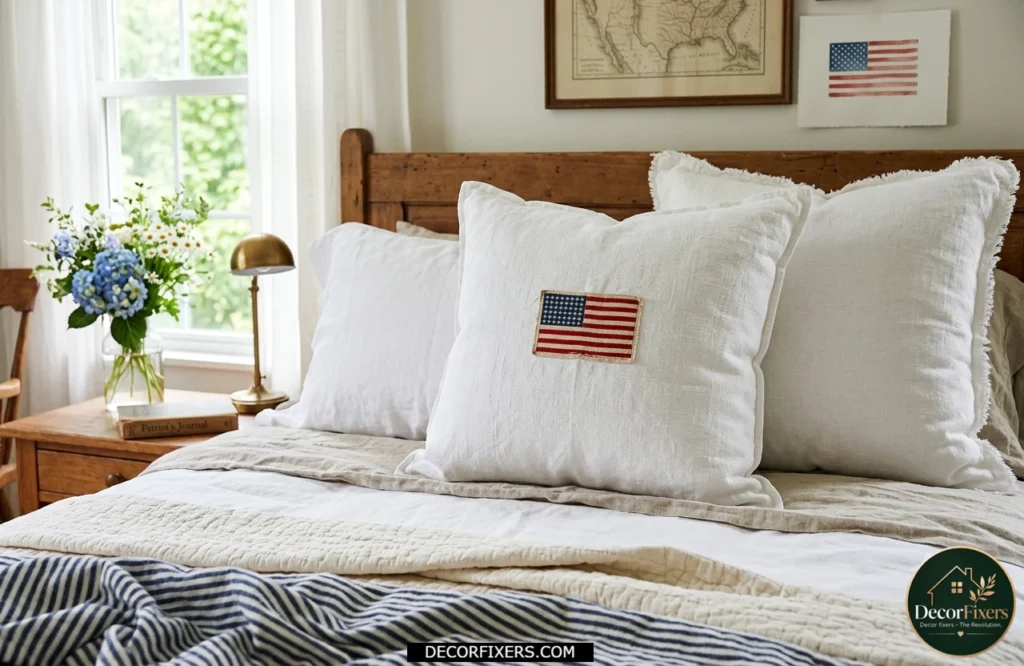 4th of July bedroom with a pillow featuring a small flag patch