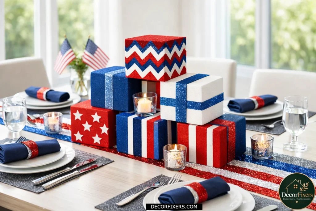 Modern patriotic foam cube centerpieces wrapped in red, white, and blue patterns