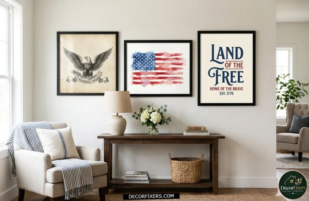 4th of July patriotic printable wall art displayed in matching black frames.