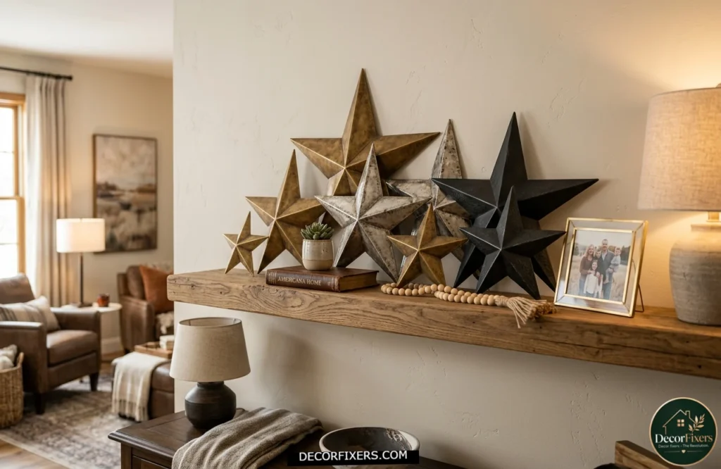 4th of July metallic star accents displayed on living room shelves and decor surfaces.