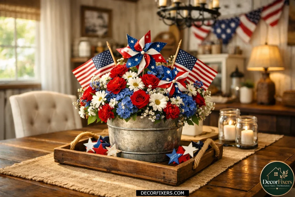 Galvanized metal bucket centerpiece decorated with flowers, flags, and patriotic accents