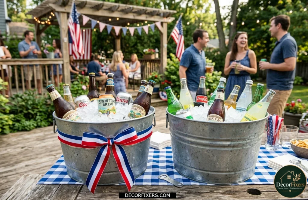 4th of July galvanized drink cooler buckets filled with ice and beverages for outdoor entertaining