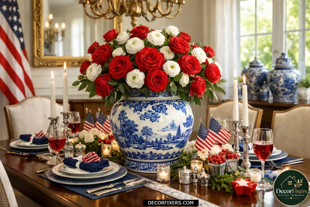 Blue and white ginger jar centerpiece filled with red blooms for an elevated Americana look