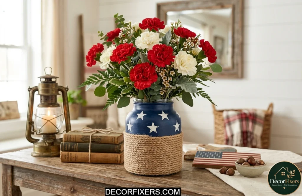 Jute rope wrapped patriotic vase with red and white flowers
