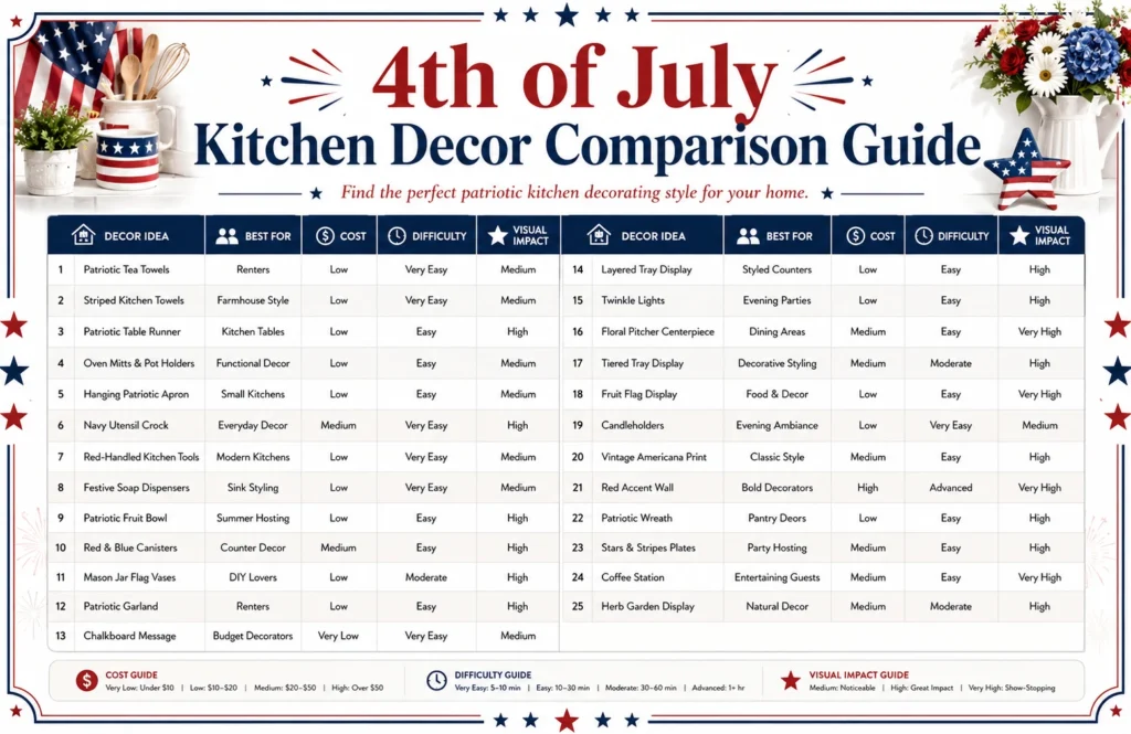 Infographic comparison table showing costs, difficulty, best use cases, and visual impact of 25 popular 4th of July kitchen decor ideas.