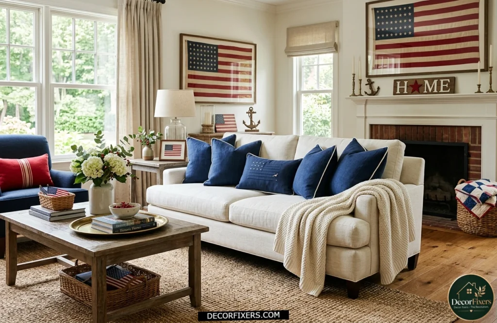 4th of July living room styled with linen, cotton, and jute textures.