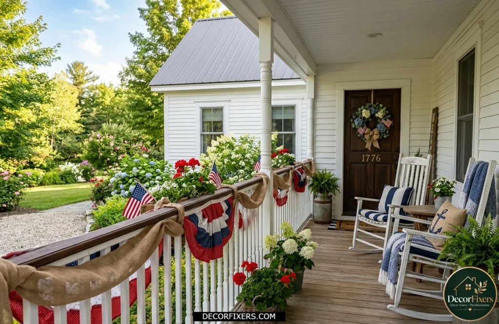4th of July layered patriotic bunting decorating a welcoming American front porch with rustic farmhouse charm