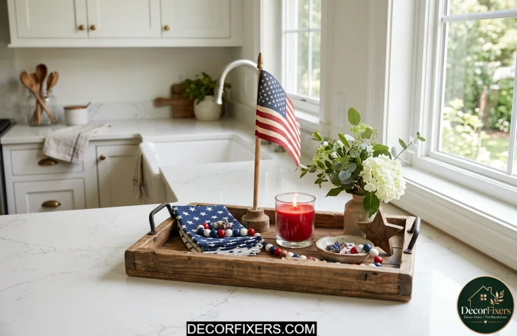 Patriotic tray with candle, flag, and star-print napkins styled on a kitchen counter.