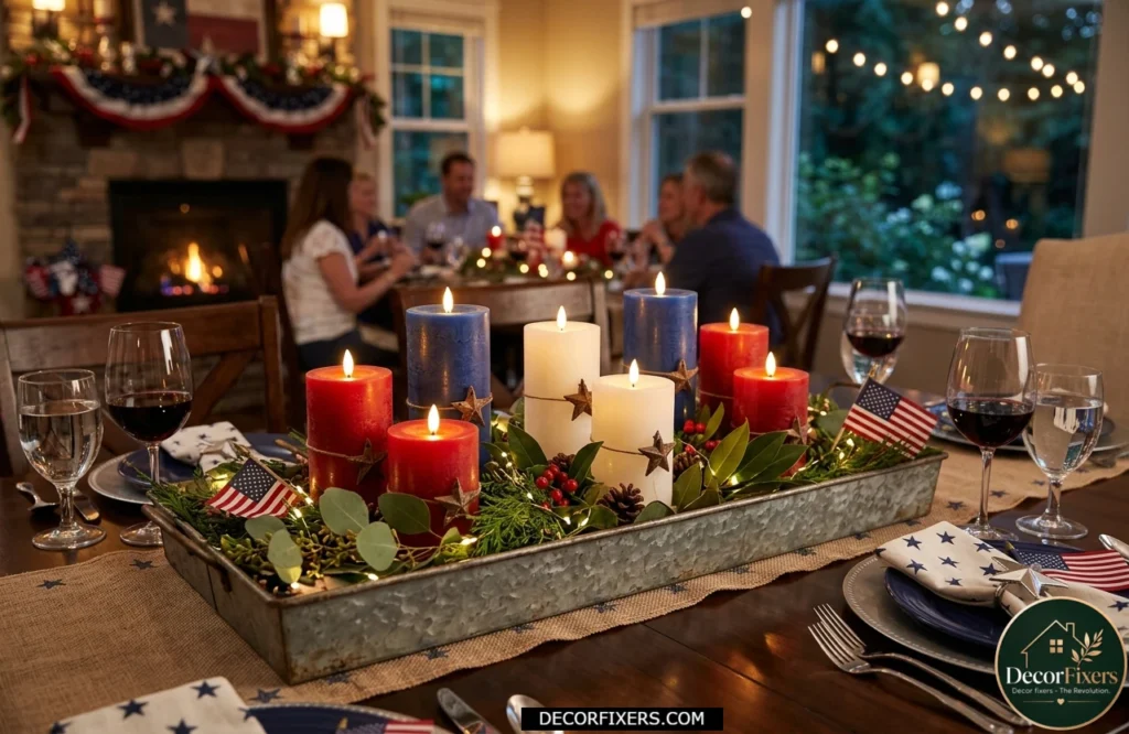 Red white and blue LED pillar candles creating a safe and stylish holiday centerpiece