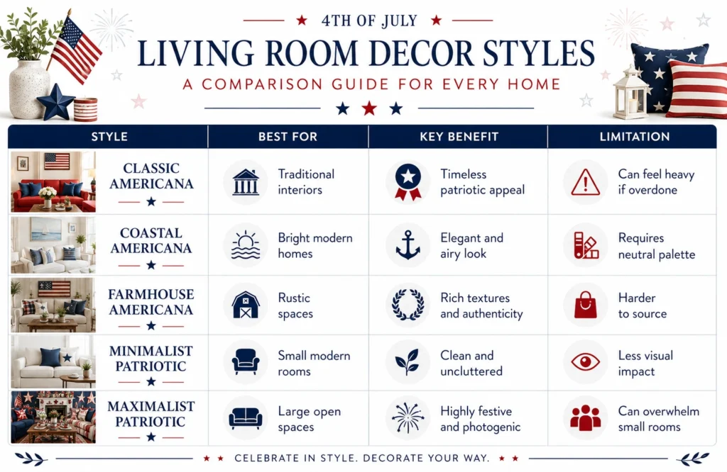 4th of July living room decor comparison table showing Classic Americana, Coastal Americana, Farmhouse Americana, Minimalist Patriotic, and Maximalist Patriotic styles.